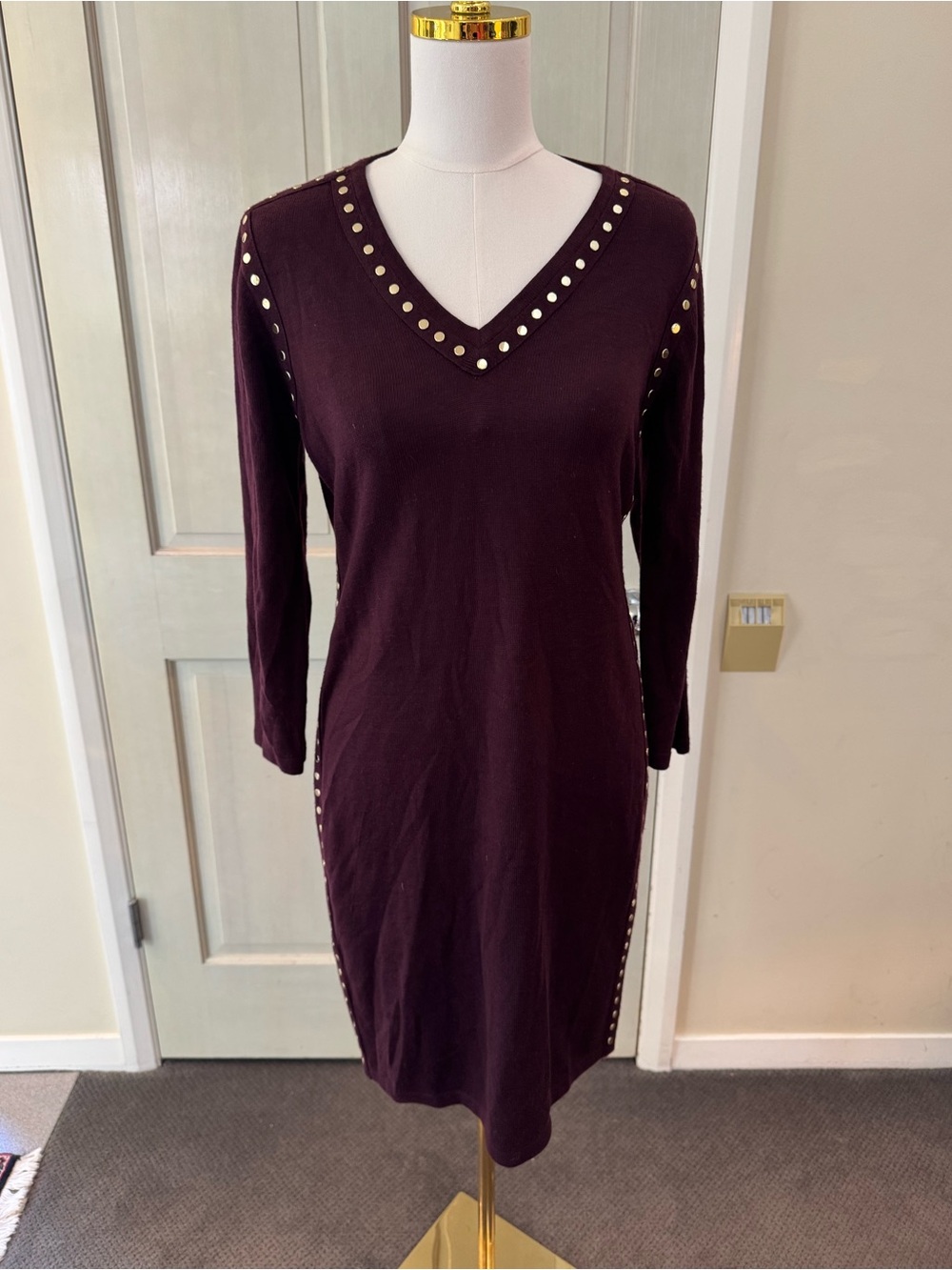 Marc New York by Andrew Marc sweater dress, deep purple knit, gold-toned studs